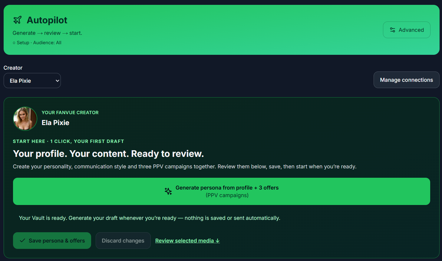 Actual Autopilot setup screen with the generate persona and three PPV campaigns button